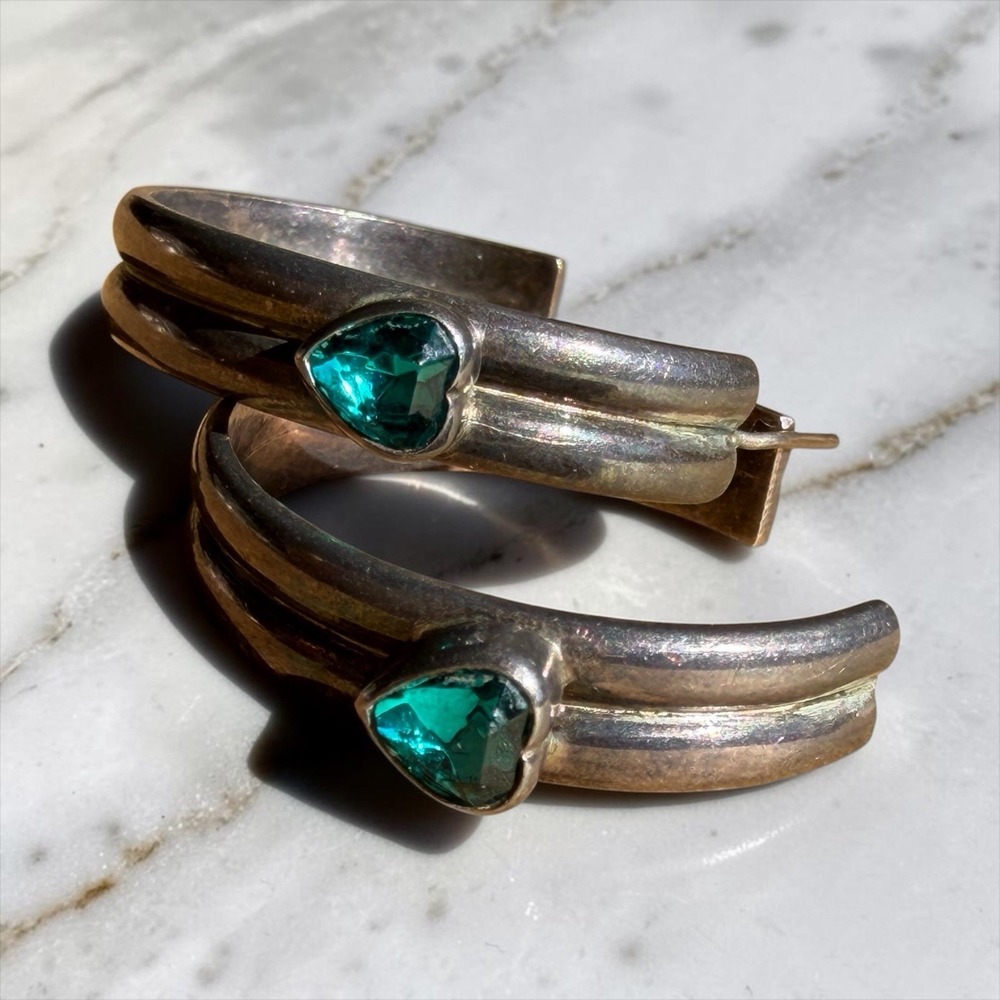 Vintage Silver Sculptural Hoop Earrings Blue Green Heart Stones 14g Artisan